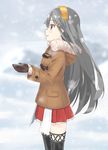  brown_eyes brown_gloves coat cowboy_shot frilled_skirt frills from_side gloves grey_hair hair_ornament hairband hairclip haruna_(kantai_collection) hood hooded_jacket jacket kantai_collection komyaari long_hair pleated_skirt profile red_skirt skirt snowing solo thighhighs winter winter_clothes winter_coat 