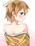  bare_shoulders blush brown_hair from_behind green_eyes hiryuu_(kantai_collection) kantai_collection ren_san short_hair side_ponytail smile solo twitter_username undressing upper_body 