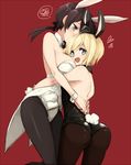  :d animal_ears ass between_breasts black_legwear blonde_hair blue_eyes blush bob_cut breasts brown_eyes brown_hair brown_legwear bunny_ears bunny_tail bunnysuit cleavage detached_collar erica_hartmann fake_animal_ears garrison_cap gertrud_barkhorn hair_ribbon hat head_between_breasts heart hug kodamari large_breasts long_hair multiple_girls open_mouth pantyhose red_background ribbon simple_background smile strike_witches tail twintails world_witches_series wrist_cuffs 