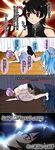  4koma 69 alternate_hairstyle aoshima asymmetrical_hair asymmetrical_legwear ball bare_shoulders bike_shorts black_hair blue_hair blush bow cirno comic commentary_request english exercise exercise_ball fetal_position hair_bow highres houjuu_nue lavender_eyes lavender_hair leg_hug letty_whiterock lips multiple_girls nude o_o open_mouth ponytail purple_hair red_eyes shirt touhou translated 