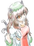  alternate_hair_length alternate_hairstyle animal_ears breasts brown_hair cat_ears cat_tail chen dress fesserst hand_up hat jewelry light_smile long_hair looking_at_viewer medium_breasts mob_cap multiple_tails nekomata older orange_eyes simple_background single_earring sketch solo tabard tail touhou white_background 