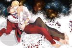  barefoot blonde_hair blue_eyes bracelet brown_hair command_spell facial_hair fate/zero fate_(series) gilgamesh goatee ichitaka jacket jacket_removed jewelry male_focus multiple_boys necklace red_eyes ribbon snakeskin_print toosaka_tokiomi vest waistcoat yaoi 