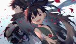  1boy 1girl androgynous black_hair brown_eyes crossed_arms dororo_(character) dororo_(tezuka) highres hyakkimaru_(dororo) japanese_clothes katana leaf ponytail reverse_trap sleeveless sparrow_(xici9527) sword weapon 