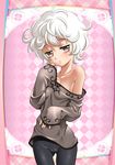  blush breasts brown_eyes cameltoe curly_hair funnyari highres looking_at_viewer off_shoulder original small_breasts solo white_hair 