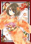 alternate_costume blue_eyes brown_hair fan folding_fan hair_ornament holding japanese_clothes kantai_collection kimono looking_at_viewer maya_(kantai_collection) midori_miyako short_hair solo 