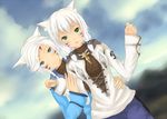  animal_ears braid breasts cat_ears cloud cloudy_sky earrings facial_mark final_fantasy final_fantasy_xiv green_eyes hair_tubes jewelry medium_breasts miqo'te multiple_girls open_mouth short_hair siblings sisters sky smile take_(s-wab) twin_braids white_hair y'mhitra_rhul y'shtola_rhul 