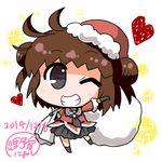  ;d antenna_hair black_eyes brown_hair chibi double_bun grin hat kantai_collection looking_at_viewer naka_(kantai_collection) noai_nioshi one_eye_closed open_mouth santa_hat school_uniform serafuku smile solo 