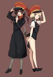  2girls ;p animal_ears ass bare_legs black_panties blush bob_cut brown_eyes brown_hair character_name coat dog_ears dog_tail erica_hartmann gertrud_barkhorn grey_legwear hair_ribbon hand_on_headwear hat heart holding holding_panties kodamari long_coat long_hair long_sleeves multicolored_hair multiple_girls no_panties one_eye_closed open_mouth panties pantyhose peaked_cap ribbon short_hair short_sleeves simple_background smile strike_witches tail tongue tongue_out twintails two-tone_hair underwear world_witches_series 