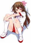  adjusting_clothes adjusting_legwear blouse brown_hair buruma full_body gym_uniform hair_ornament kanoe kantai_collection kisaragi_(kantai_collection) kneehighs lips long_hair looking_at_viewer name_tag purple_eyes ribbon shirt shoes short_sleeves simple_background sitting smile socks solo sportswear uwabaki white_background white_legwear white_shirt 