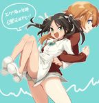  :d back-to-back black_hair blue_background blue_eyes carrying charlotte_e_yeager choker fang francesca_lucchini green_eyes hair_ribbon kodamari locked_arms long_hair long_sleeves military military_uniform multiple_girls open_mouth orange_hair panties ribbon smile speech_bubble strike_witches striped striped_panties translation_request twintails underwear uniform v-shaped_eyebrows white_ribbon world_witches_series 