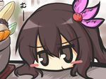  blush_stickers brown_eyes brown_hair commentary goma_(gomasamune) hair_ornament head_rest kantai_collection kisaragi_(kantai_collection) long_hair looking_at_viewer pout sketch solo 