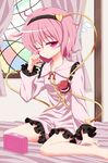  alarm_clock alternate_costume clock eyeball hairband heart highres isa komeiji_satori one_eye_closed pink_hair purple_eyes rubbing_eyes short_hair solo stained_glass tears third_eye touhou 