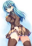  ascot blue_hair blush breasts brown_legwear brown_skirt cowboy_shot frilled_skirt frills from_behind green_eyes hair_ornament hairclip hand_on_ass kantai_collection long_hair looking_at_viewer medium_breasts pleated_skirt ryokushiki_(midori-ya) school_uniform skirt smile solo suzuya_(kantai_collection) thighhighs 