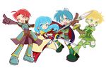  3boys armor black_gloves blonde_hair blue_eyes blue_hair brother_and_sister cape eirika ephraim fire_emblem fire_emblem:_seima_no_kouseki franz_(fire_emblem) gloves green_eyes long_hair multiple_boys no_pupils open_mouth pointing polearm puyopuyo rapier red_eyes red_gloves red_hair seth_(fire_emblem) short_hair siblings simple_background smile spear standing sword weapon white_background 