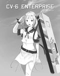  belt crop_top crop_top_overhang enterprise_(pacific) greyscale highres jeanex kantai_collection looking_at_viewer mecha_musume midriff monochrome navel original pacific salute short_hair skirt solo uss_enterprise_(cv-6) 