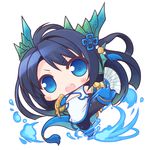  :d black_hair blue_eyes chibi chinese_clothes cleavage_cutout dragon_tail fan gauntlets horns karin_(p&amp;d) kicking long_hair naturalton open_mouth pantyhose puzzle_&amp;_dragons smile solo tail 