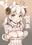  blush breasts cleavage cleavage_cutout horns large_breasts long_hair looking_at_viewer meme_attire open-chest_sweater open_mouth original ren_san ribbed_sweater silver_hair smile solo sweater turtleneck yellow_eyes 