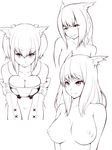  animal_ears bad_id bad_pixiv_id blush bow braid breasts cat_ears collarbone detached_sleeves final_fantasy final_fantasy_xiv hair_bow highres large_breasts miqo'te monochrome multiple_girls nanashi_maru navel nipples nude short_hair slit_pupils smile twintails 