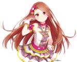  absurdres bare_shoulders belt blush bow brown_eyes brown_hair check_my_note chiiririn choker hair_bow hand_on_hip heart heart_necklace highres idolmaster idolmaster_(classic) idolmaster_one_for_all jewelry long_hair minase_iori necklace sleeveless smile solo very_long_hair wrist_cuffs 