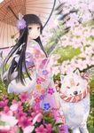  animal_ears bell black_hair blue_eyes cherry_blossoms dutch_angle floral_print flower from_side furisode hair_bell hair_flower hair_ornament highres hime_cut hydrangea japanese_clothes jingle_bell kimono long_hair looking_at_viewer oriental_umbrella original petals rope shide shimenawa solo taka_(tsmix) umbrella 