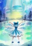  2015 artist_name aurora blue_hair bow cirno colorful dated dress from_behind hair_bow ice ice_wings lake moon mosho mountain outstretched_arms reflection scenery short_hair signature sky snowflakes solo star_(sky) touhou traditional_media tree watercolor_(medium) wings 
