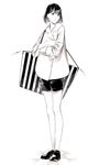  bag coat crossed_arms full_body greyscale handbag highres monochrome original short_hair shorts solo sousou_(sousouworks) 