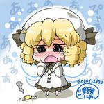  blonde_hair blush chestnut_mouth crying crying_with_eyes_open drill_hair fairy_wings food hat highres luna_child noai_nioshi open_mouth pudding short_hair solo sweat tears touhou wings 