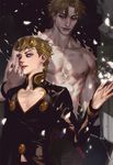  blonde_hair blue_eyes braid curly_hair emg_(christain) father_and_son giorno_giovanna jojo_no_kimyou_na_bouken multiple_boys petals red_eyes shirtless 