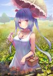  alternate_costume basket blue_hair blue_nails blue_sky blush breasts casual cleavage cloud day dress fence field flower flower_field hair_ribbon highres holding i-19_(kantai_collection) jewelry kantai_collection long_hair looking_at_viewer medium_breasts nail_polish necklace outdoors parasol purple_eyes ribbon sky sleeveless smile solo sonikey0_0 star star-shaped_pupils sundress symbol-shaped_pupils tree tri_tails umbrella upper_body very_long_hair white_dress windmill 