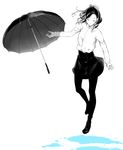  ankle_boots black_footwear black_hair black_legwear boots closed_eyes full_body highres long_hair long_sleeves monochrome original pantyhose skirt smile solo sousou_(sousouworks) spot_color tossing umbrella water white_background 