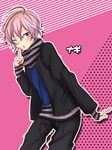  ahoge character_name finger_to_mouth grey_eyes jacket long_sleeves male_focus mikado_nagi one_eye_closed open_mouth pink_hair scarf smile solo sweater uta_no_prince-sama yellow_eyes 