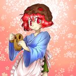  androgynous apron flower hakama haniwa_(statue) helmet japanese_clothes katano_sukune len'en red_eyes red_hair short_hair skirt smile solo unibazooka 