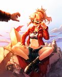  ankle_boots aqua_eyes belt_boots black_footwear blonde_hair boots braid denim denim_shorts fate/apocrypha fate_(series) french_braid jacket kopa long_hair midriff mordred_(fate) mordred_(fate)_(all) navel outstretched_hand ponytail red_jacket rock rubble shorts sitting solo_focus sunglasses 