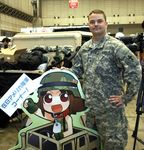  1girl army-san army-tan bandai camouflage display hirai_yukio hummer male military military_uniform motor_vehicle photo pixel_maritan pose translated uniform us_army 
