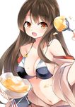  :d akagi_(kantai_collection) alternate_costume bad_id bad_pixiv_id bare_shoulders bikini breasts brown_eyes brown_hair cleavage kantai_collection large_breasts long_hair looking_at_viewer mixing_bowl navel open_mouth simple_background smile solo swimsuit whisk white_background yostxxx 