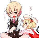  blonde_hair crossed_legs fang flandre_scarlet hair_ribbon hat long_sleeves multiple_girls open_mouth red_eyes ribbon rumia shamo_(koumakantv) short_hair short_sleeves simple_background touhou translation_request vest white_background 