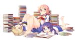  :d :o barefoot bespectacled blonde_hair blush book book_stack brown_eyes chihaya_72 feet glasses hinata_yukari ichii_yui long_hair looking_at_viewer lying multiple_girls nonohara_yuzuko on_back on_stomach open_book open_mouth pink_hair pleated_skirt purple_eyes purple_hair school_uniform school_uniform_(yuyushiki) serafuku short_hair sitting skirt smile soles toes twintails upside-down yellow_eyes yuyushiki 