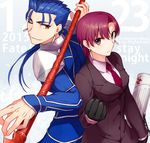  1girl bazett_fraga_mcremitz blue_hair fate/hollow_ataraxia fate_(series) formal gae_bolg gloves lancer misoiri_(gokutsubushi) mole mole_under_eye polearm ponytail purple_eyes purple_hair red_eyes short_hair spear suit weapon 