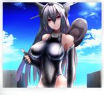  alternate_costume big.g black_gloves elbow_gloves fingerless_gloves gloves grey_hair headgear highres i-class_destroyer kantai_collection kuchiku_i-kyuu long_hair looking_at_viewer nagato_(kantai_collection) photo purple_eyes smile swimsuit thumbs_up wet wet_clothes 