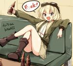  :d belt_boots blonde_hair blue_eyes boots bottle brown_footwear carla_j_luksic censored_text english goggles goggles_on_head holding kodamari long_hair long_sleeves looking_at_viewer low_twintails middle_finger no_pants noble_witches open_mouth panties profanity sitting smile solo twintails underwear v-shaped_eyebrows white_panties world_witches_series 