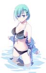  alternate_costume alternate_hairstyle aqua_eyes bare_shoulders bikini blue_eyes blue_hair blush breasts cleavage front-tie_top hair_ornament hairclip himura_kiseki jacket kantai_collection large_breasts long_hair looking_at_viewer navel removing_jacket side-tie_bikini simple_background smile solo strap_gap suzuya_(kantai_collection) swimsuit wading water white_background 