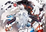 big.g blurry breasts cleavage covered_mouth depth_of_field dress from_above horns kantai_collection large_breasts long_hair looking_at_viewer machinery midway_hime orange_eyes shinkaisei-kan solo very_long_hair white_dress white_hair white_skin 
