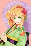  ahoge blonde_hair blush face floral_print flower green_eyes green_kimono hair_flower hair_ornament hair_up hands_together harami_(mxp0109) hoshii_miki idolmaster idolmaster_(classic) japanese_clothes kimono long_hair looking_at_viewer no_pupils open_mouth oriental_umbrella sayagata simple_background smile solo umbrella unmoving_pattern upper_body 