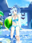  absurdres bangs bare_arms bare_shoulders between_breasts bikini blue_eyes blue_hair breasts cleavage commentary highres innertube jewelry kyaro_(kyaro54) long_hair looking_at_viewer medium_breasts necklace open_mouth original sitting smile solo swimsuit water 