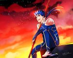  blue_hair dated earrings fate/stay_night fate_(series) gae_bolg highres jewelry lancer male_focus oekaki-daisuki-dessu polearm ponytail red_eyes sitting sky solo spear weapon 