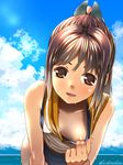  areolae breasts brown_eyes brown_hair cloud day downblouse flashing i-401_(kantai_collection) kantai_collection leaning_forward naughty_face one-piece_swimsuit shiden_(sashimi_no_wife) shirt_pull sidelocks sky small_breasts smile solo swimsuit water 