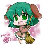  :d animal_ears broom chibi dog_ears dog_tail green_eyes green_hair highres holding kasodani_kyouko looking_at_viewer noai_nioshi open_mouth short_hair smile solo tail touhou 