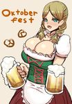  alcohol amamiya_(abaros) beer beer_mug blue_eyes breasts brown_background brown_hair bursting_breasts cleavage cup dirndl food german_clothes holding holding_cup huge_breasts long_hair looking_at_viewer oktoberfest open_mouth pretzel simple_background solo 