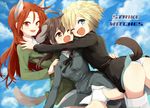  ;d animal_ears ass black_ribbon blonde_hair blue_eyes blue_sky bob_cut brown_eyes brown_hair cloud collared_shirt copyright_name day dog_ears dog_tail erica_hartmann flying gertrud_barkhorn gradient_hair kodamari long_hair long_sleeves military military_uniform minna-dietlinde_wilcke multicolored_hair multiple_girls one_eye_closed open_mouth orange_eyes orange_hair panties ribbon shirt short_hair sky smile strike_witches striker_unit sweatdrop tail twintails underwear uniform white_panties wolf_ears wolf_tail world_witches_series 