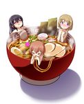  &gt;_&lt; :&lt; :3 black_hair blush bowl brown_hair closed_eyes covering covering_breasts eating egg food hair_down heart highres hoshizora_rin in_bowl in_container in_food kamaboko koizumi_hanayo looking_at_viewer love_live! love_live!_school_idol_project meandros multiple_girls narutomaki noodles nori_(seaweed) pink_eyes ramen shipii_(jigglypuff) short_hair towel yazawa_nico 